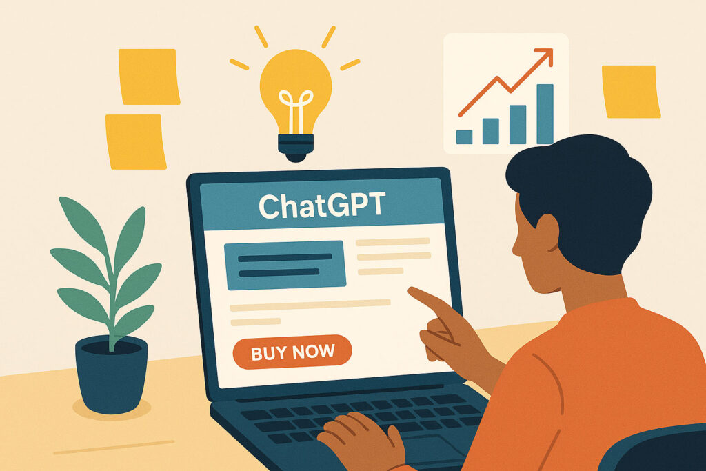 A clean, modern flat illustration of a person using ChatGPT on a laptop to write sales copy. The screen shows marketing content like product blurbs, landing page text, and CTAs. The setting is a bright workspace with creative elements like sticky notes, lightbulbs, and graphs, symbolizing ideas and conversions.